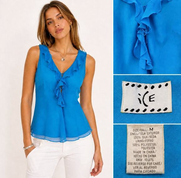 Ice Tops - Vintage Y2K 2000s ICE Women's Silk Ruffle Tie Front Blouse Size M Turquoise Blue